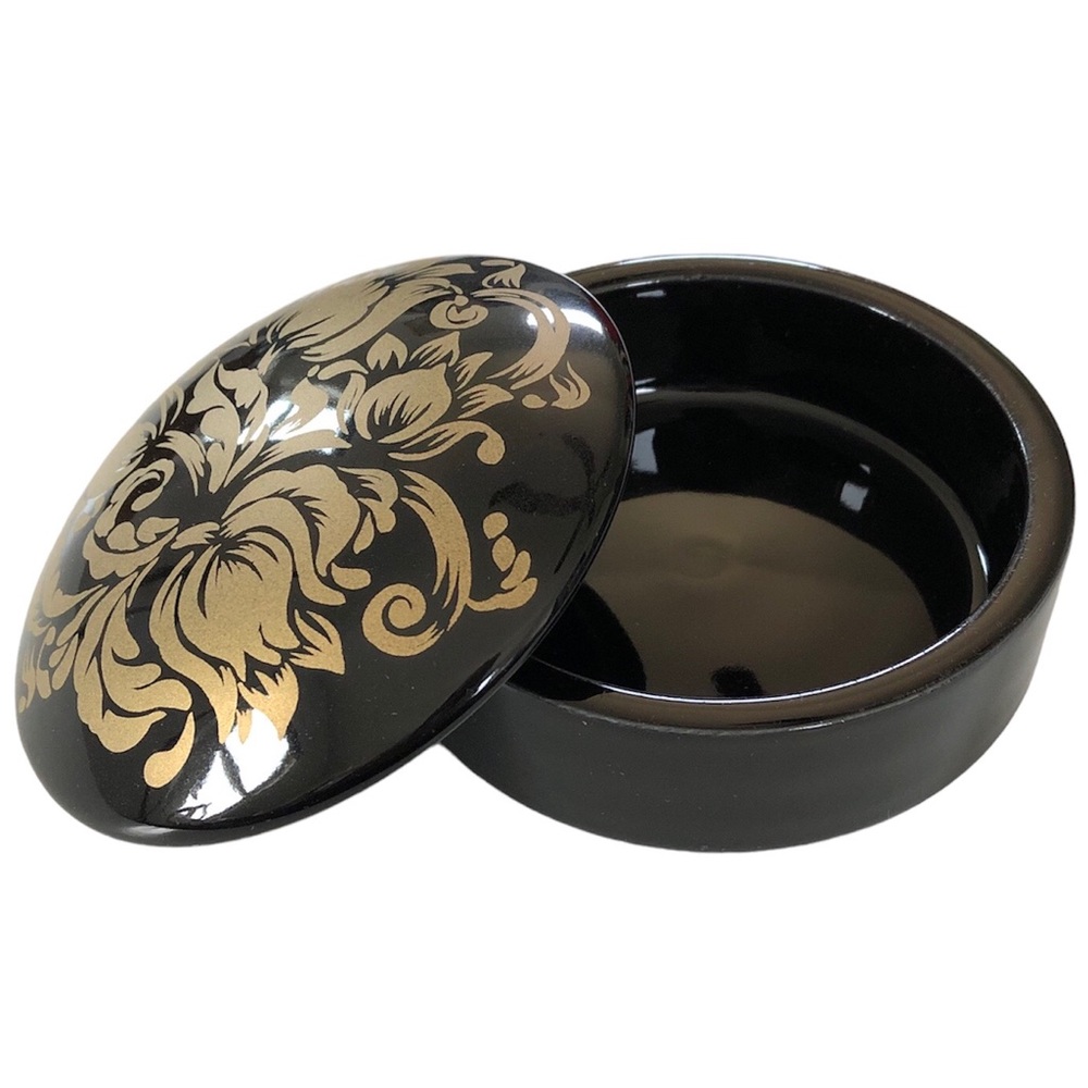 Vintage Ceramic Round Black Floral Jewelry Trinket Box & Lid